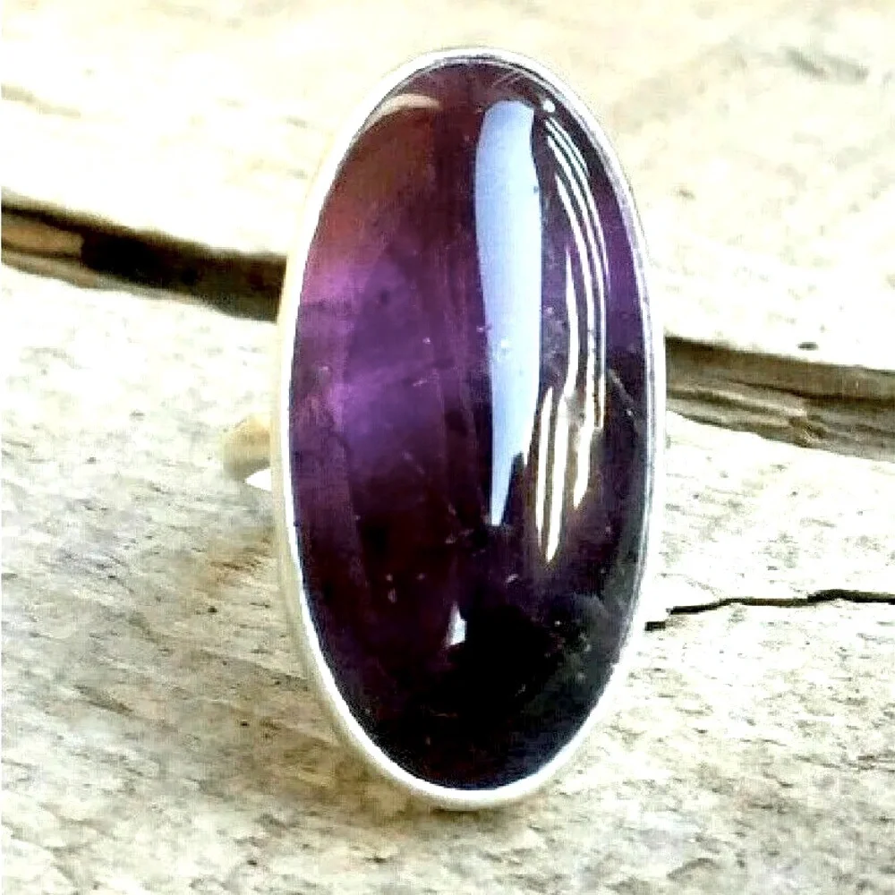 New Sterling Silver Long Oval Purple Amethyst Oblong Artisan Handmade Ring